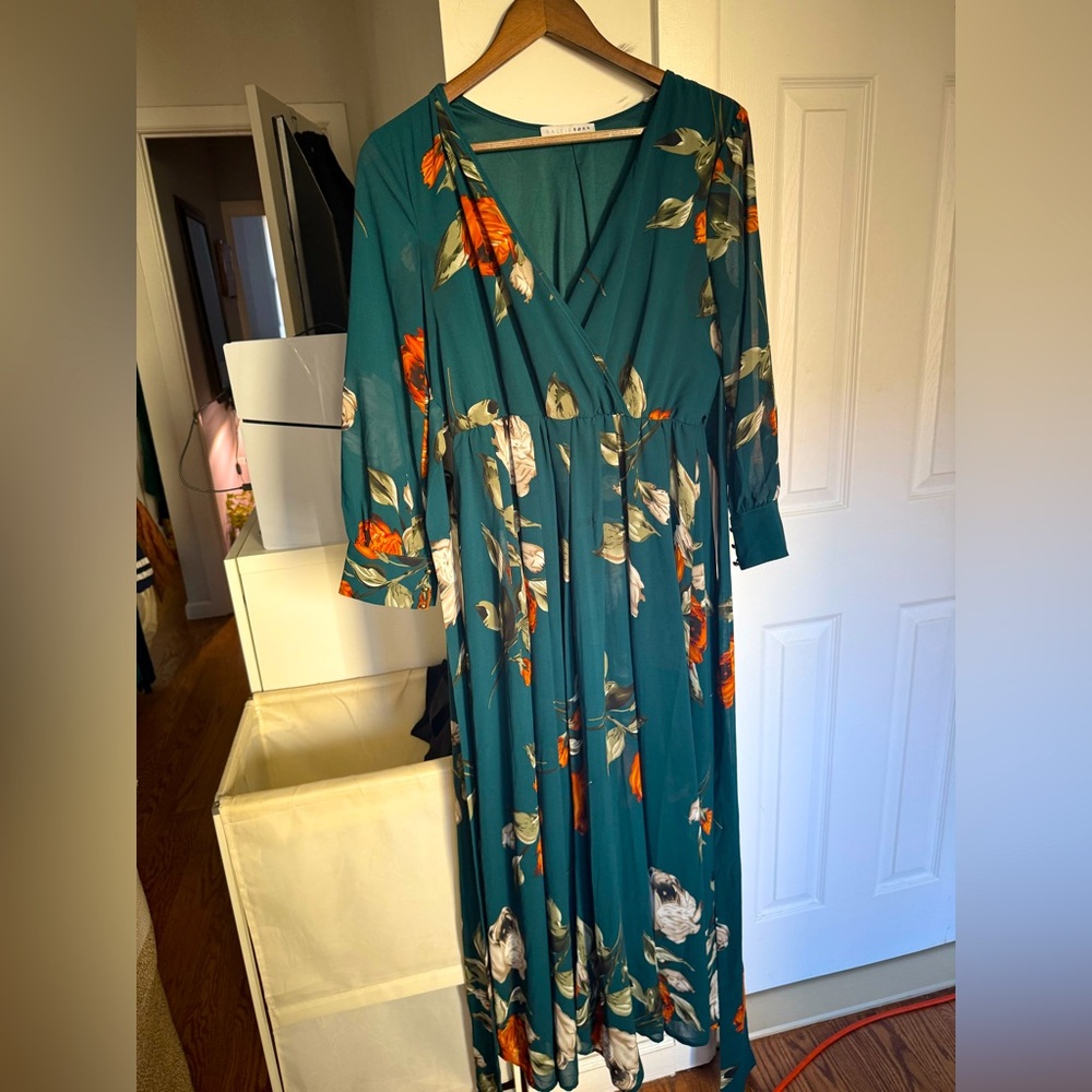 Teal & orange flower patterned long sleeve maxi dress